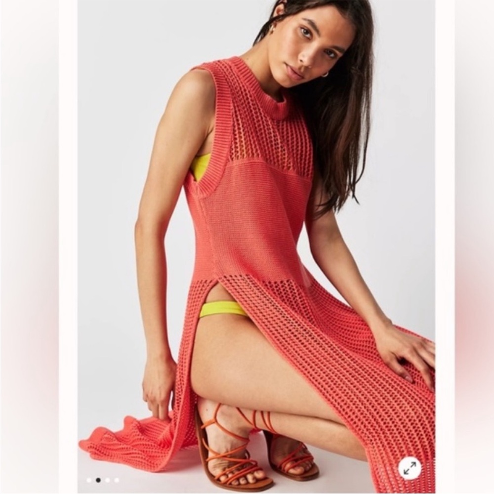 Free People Crew Crochet Poncho Sleeveless Midi Coverup Dress One Size Coral